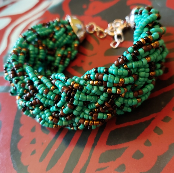 Vintage Turquoise Bracelet Braided a Glass Beads. - Picture 3 of 6